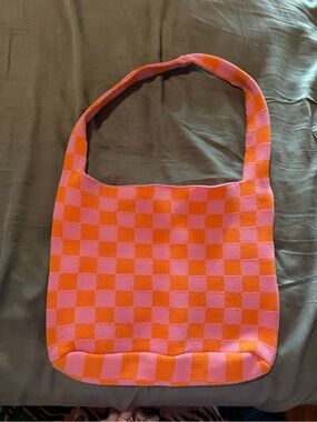 Kopari tote Pink & Orange Checkered Knit Shoulder Bag